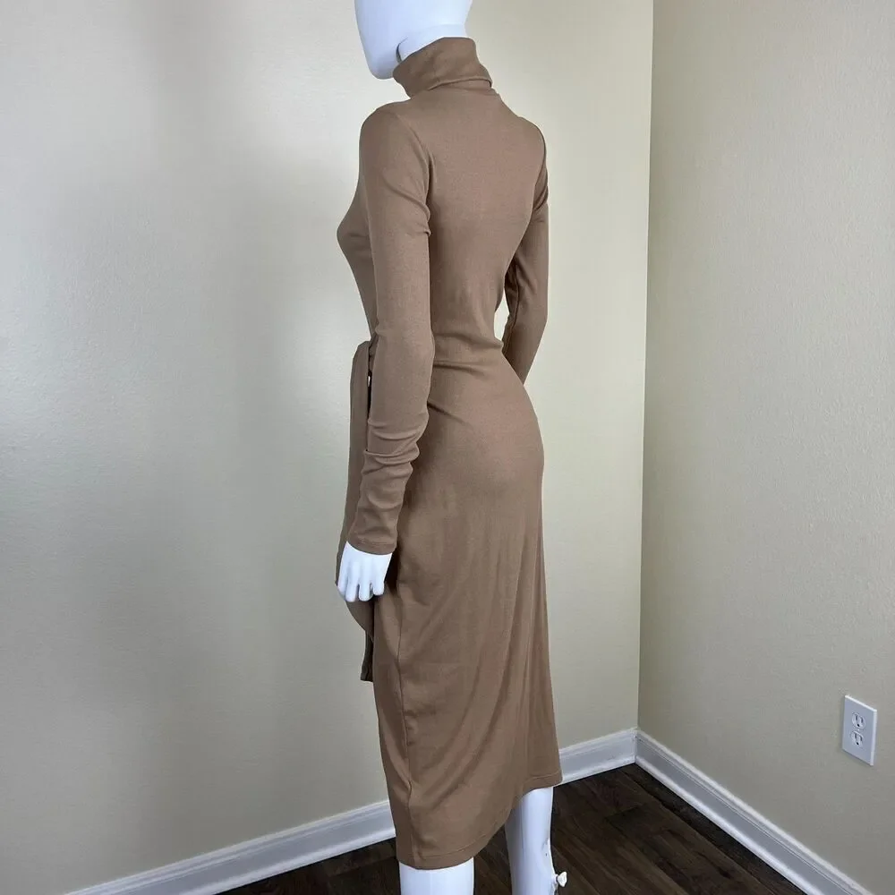 Ralph Lauren Womens Size M Camel Tie Front Turtleneck Sweater Bodycon Midi Dress